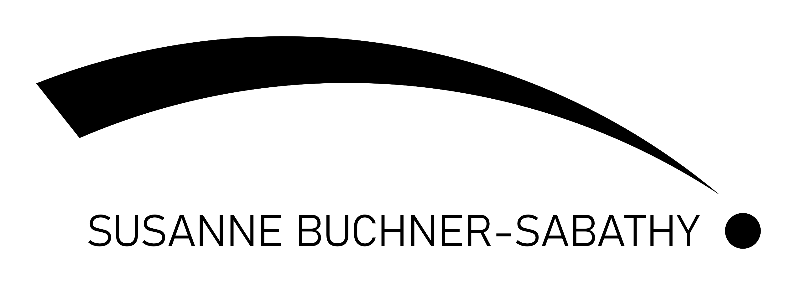 Logo von Susanne Buchner-Sabathy- . schwarze Grafik auf weißem Hintergrund: Ein flacher Bogen überspannt den in Blockbuchstaben geschriebenen Schriftzug "Susanne Buchner-Sabathy" von links nach rechts. Sein linkes Ende ist breit, er läuft nach rechts spitz zu und endet knapp oberhalb eines Punktes am Ende des Schriftzugs, dessen Durchmesser so groß wie die Schrifthöhe ist.